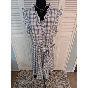 Be by Chetta B Dress 22W Blue White Cottage Core Preppy Ruffle Graph Check Retro